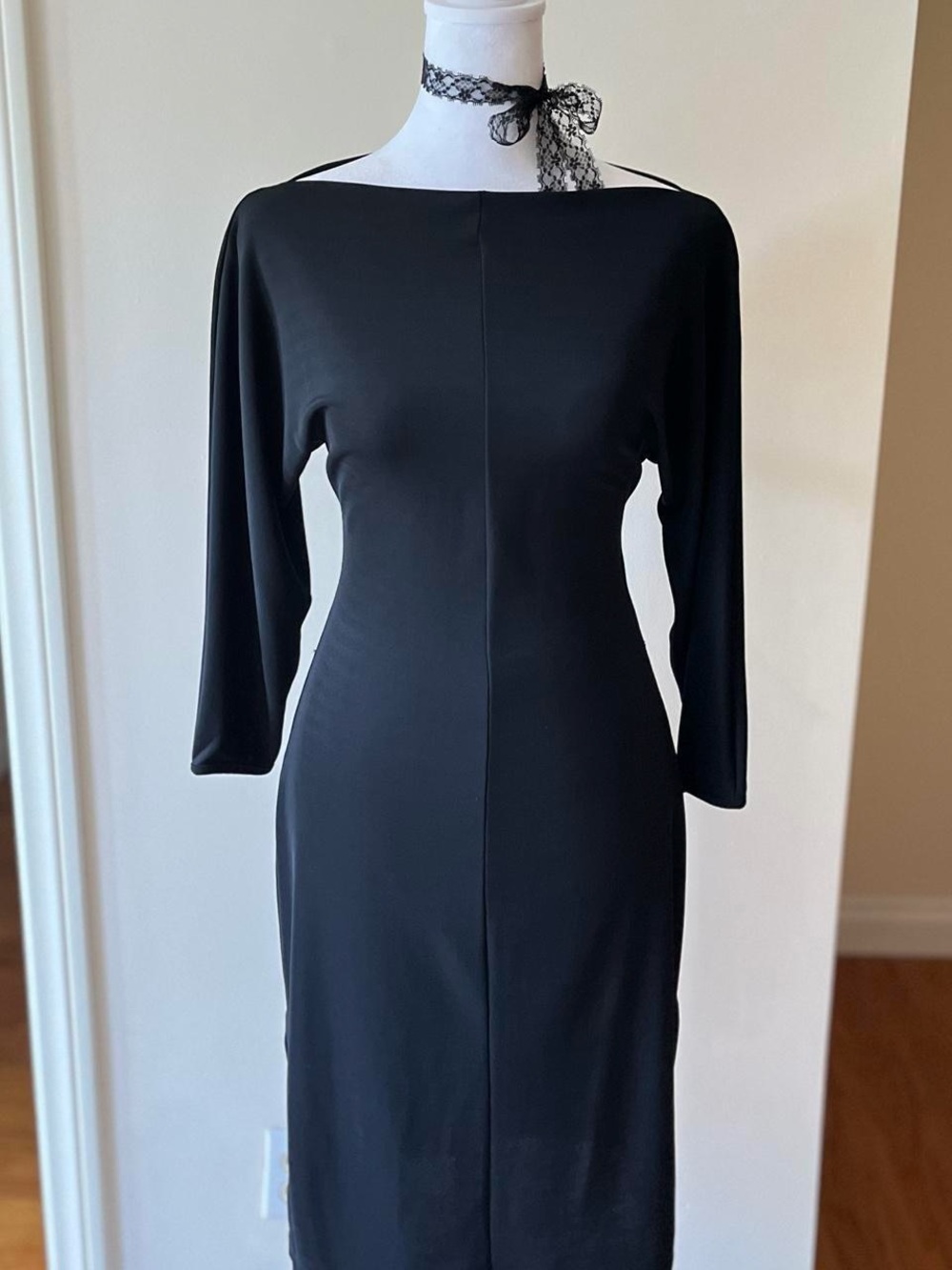 Vintage 90s sultry boatneck coquette goth vamp black midi dress romantic batwing